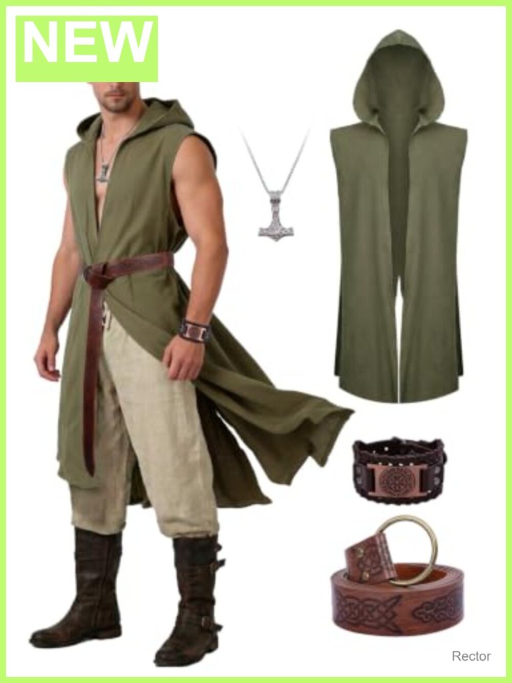 Men's Medieval Hooded Surcoat Set Hooded Tunic Cloak with Viking Belt
